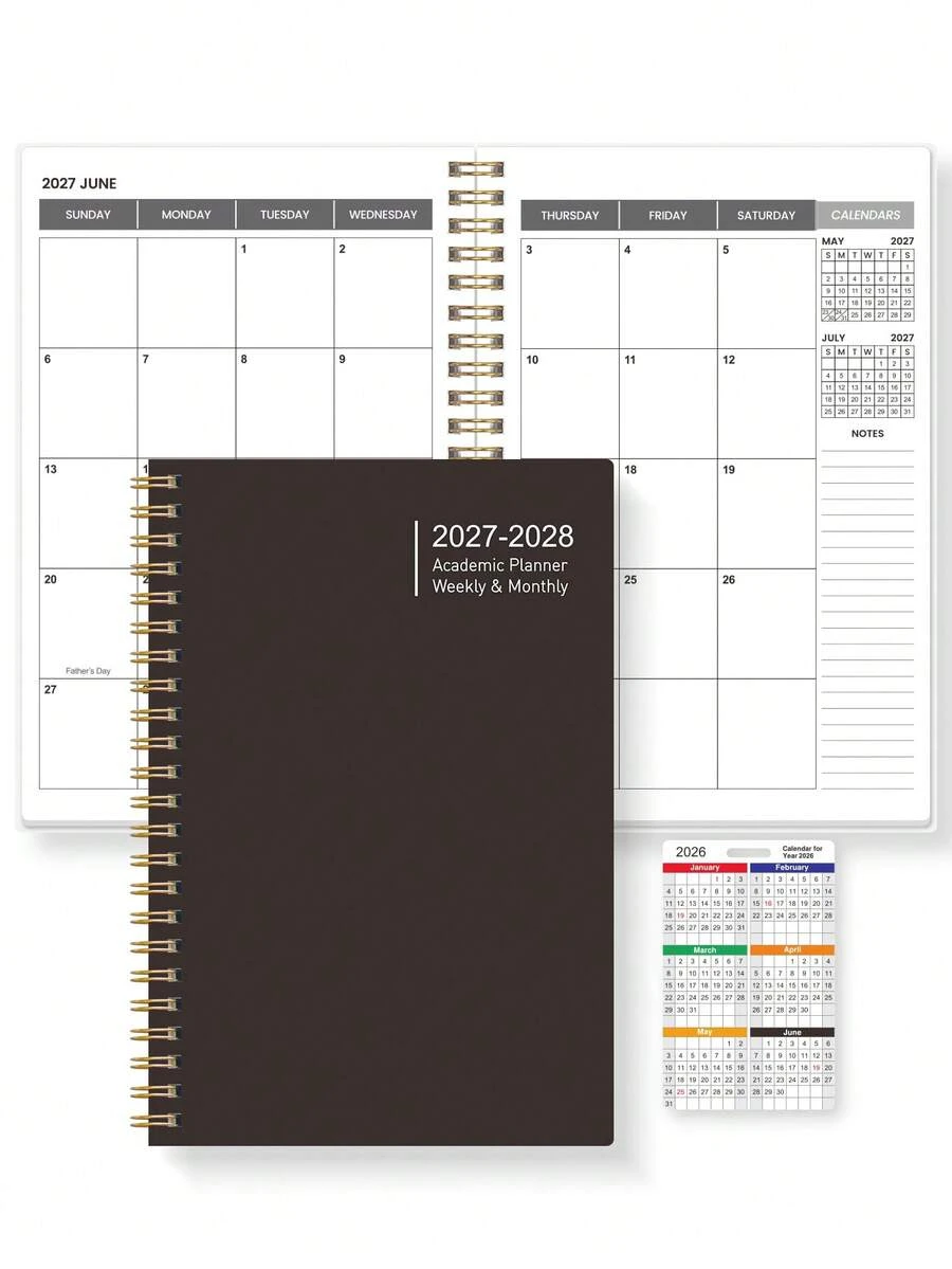 1pc 2027-2028 Academic Planner, Brown Weekly & Monthly Spiral Calendar Notebook With Gold Coil, Spacious Planning Pages & Notes Section For Students, School, College, Office & Daily Schedule - Black - View 1