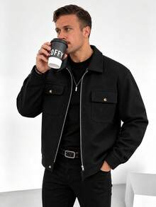 GloMan Old Money Style Men's Black Zipper Flap Pocket Jacket, Warm For Autumn/Winter, Suitable For Daily, Commute, Date, Halloween, Christmas, Gift For Husband/Dad - Black - View 1