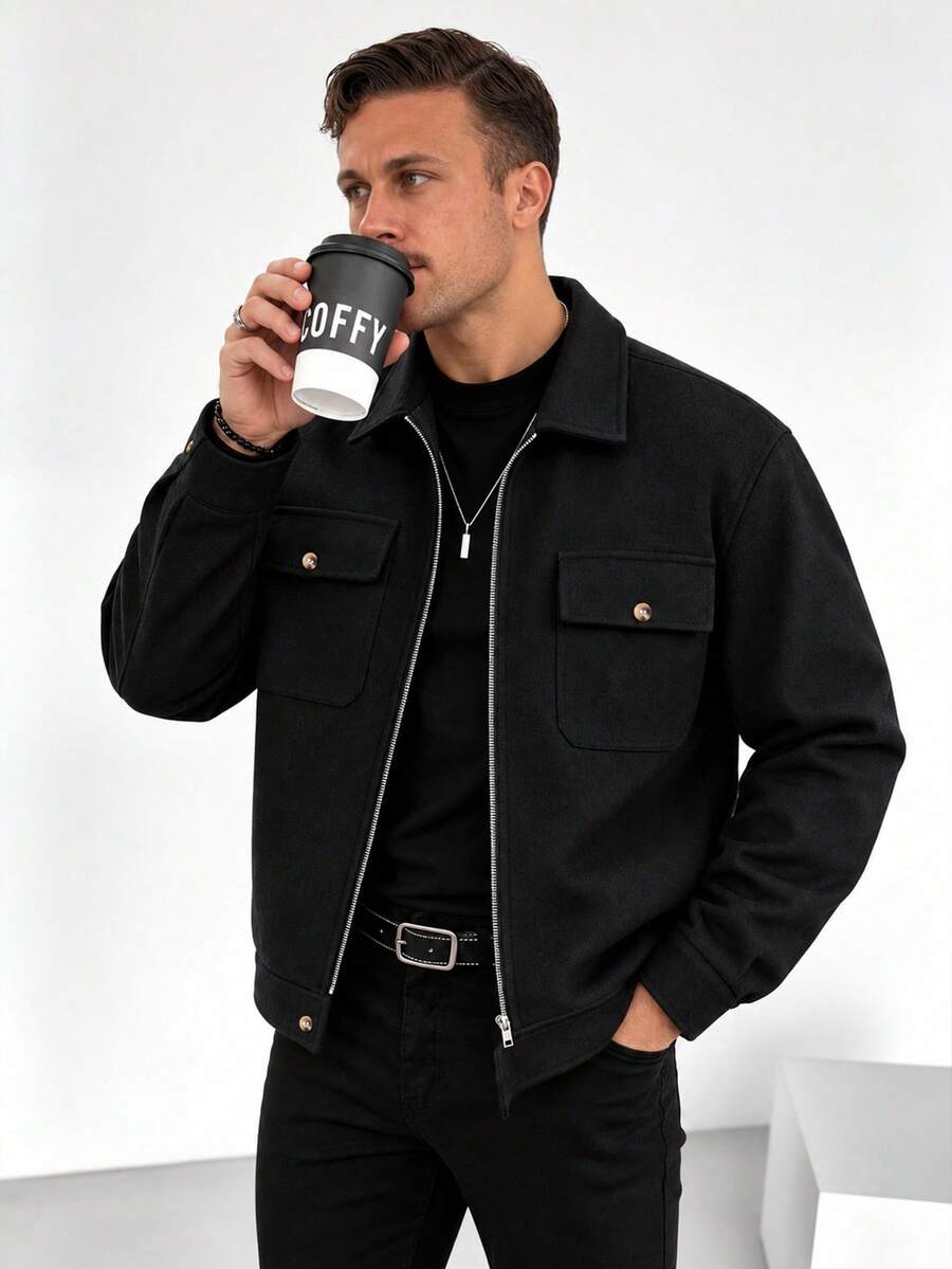 GloMan Old Money Style Men's Black Zipper Flap Pocket Jacket, Warm For Autumn/Winter, Suitable For Daily, Commute, Date, Halloween, Christmas, Gift For Husband/Dad - Black - View 1