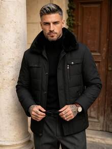 Men's Winter Fashion Fleece Collar Padded Coat, Suitable For Daily Commute, Vacation, Gift Giving - Black - View 5