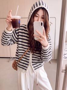 Women's Autumn/Winter Wool Blend Casual Minimalist Vintage Classic Striped Hooded Knit Cardigan Sweater - Oatmeal - View 6