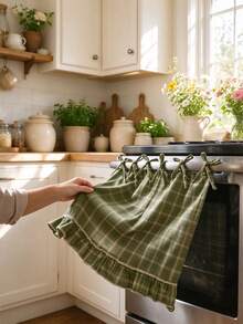 1pc Farmhouse Plaid Oven Curtain With Ruffled Hem, Tie-On No-Drill Appliance Cover Skirt For Kitchen Stove Dishwasher Washing Machine, Rustic Checkered Cottage Decor To Hide Clutter, Easy Install Kitchen Curtain - Multicolor - View 4