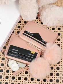Fashionable Zipper Multi Slot Wallet, With A Pom-Pom Charm, Multi Card Slot, Large Capacity Credit Card Storage Bag, Suitable For Outdoor Use - Pink - View 9