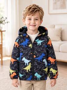 Boys' Cartoon Dinosaur Pattern Long Sleeve Hooded Zip-Up Jacket, Fleece Lined, Autumn/Winter Clothing, Essential Item For Autumn - Black - View 4