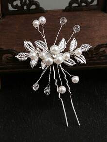 Handmade Faux Pearl Leaf U-Shaped Hair Fork, Gold & Silver Rhinestone Hair Pin, Bridal Wedding Dress Updo Hair Accessory For Party And Banquet Styling - Faux Pearl Hair Fork - View 7