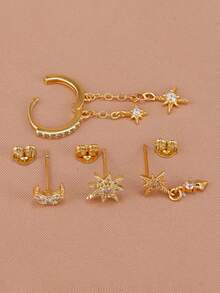 4 Pieces New Style Cubic Zirconia Star And Moon Earrings Set 18K Gold Plated Cartilage Piercing Pendant Chain Stud Earring Jewelry - 1-gold-4PCS - View 4