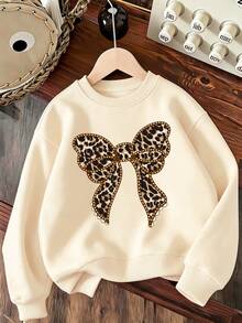 2 Pieces Set Suitable For Girls And Teens, Round Neck Sweatshirt And Leggings Set With Leopard Print Bow Pattern, Suitable For Autumn/Winter, Campus Style, Homecoming Outfit - Multicolor - View 6