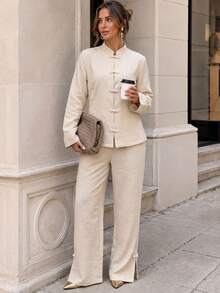 Women's Apricot 2 Pieces Set Non-Stretch Stand Collar Frog Button Long Sleeve Top & Wide Leg Pants Casual Outfit - Apricot - View 1