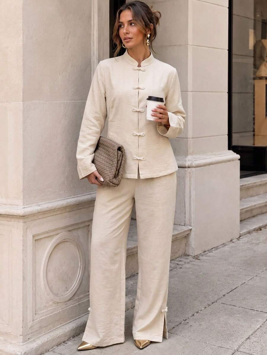 Women's Apricot 2 Pieces Set Non-Stretch Stand Collar Frog Button Long Sleeve Top & Wide Leg Pants Casual Outfit - Apricot - View 1