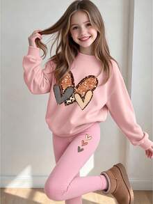 Set 2pcs/Set Sweatshirt Leher Bulat dan Legging untuk Anak Perempuan, Sweatshirt Leher Bulat Motif Hati Tiga Warna + Legging, Cocok untuk Musim Gugur/Dingin, Gaya Kampus, Pakaian Acara Pulang Kampung - MultiWarna - View 2