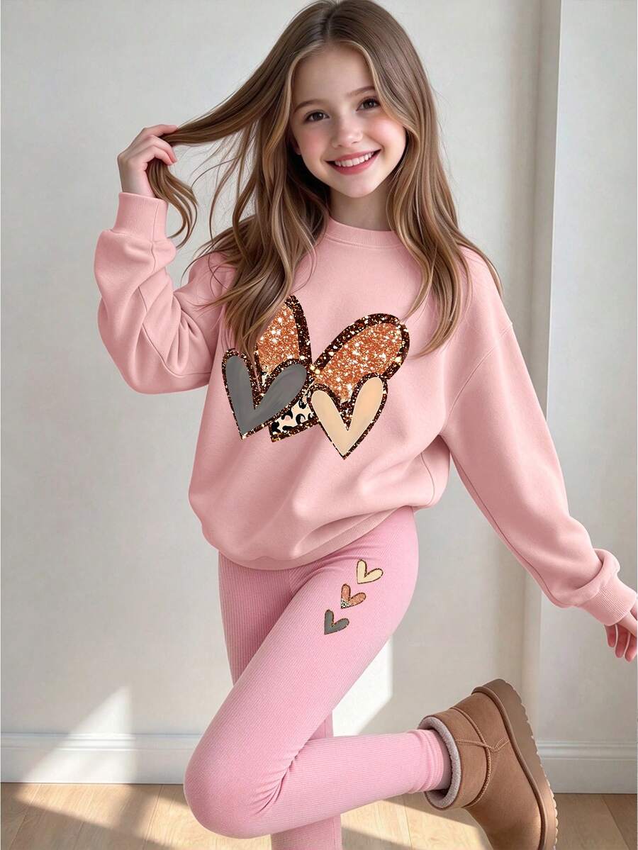 2pcs/Set Crew Neck Sweatshirt And Leggings Set For Girls, Three-Color Heart Print Crew Neck Sweatshirt + Leggings Set, Suitable For Autumn/Winter, Campus Style, Homecoming Outfit - Multicolor - View 1