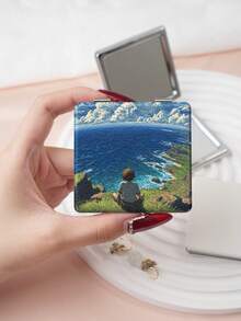 1PC Ins Anime Series Portable Vanity Mirror, Foldable Lightweight Ultra-Thin Convenient Hand Mirror, PU Leather, Suitable For Multiple Scenarios And All People, Foldable Small Square Mirror, Pocket Mirror, Fresh Sky Portrait Rice Field Ditsy Floral Printed Pattern Design, Exquisite Handheld 180° Flip Cover Multifunctional Mini Mirror - Multicolor - View 6