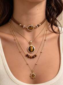 1 Set Vintage Multi-Layer Tiger Eye Stone Sun Pendant Necklace Set, Luxury Niche Accessory, Suitable For Friends, Sisters, Women, Best Choice For Daily Wear - Brown - View 6