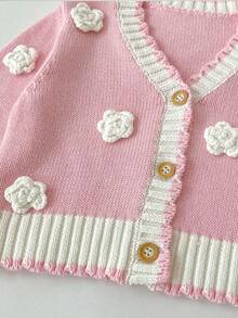 Autumn/Winter New Baby Girls' Clothing, Exquisite Handmade 3D Floral Sweater Jacket, Gentle Elegant V-Neck Knit Cardigan - Pink - View 9
