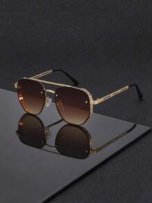 1 Pair Fashion Unisex Photo Essential Glasses, Multiple Colors Available, High-End Minimalist Round Frame Design, Suitable For Men And Women - Gold - View 5