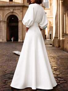 Solid Color Printed Waist Belt Decor V-Neck Puff Sleeve A-Line Long Dress White Elegant Summer - White - View 4