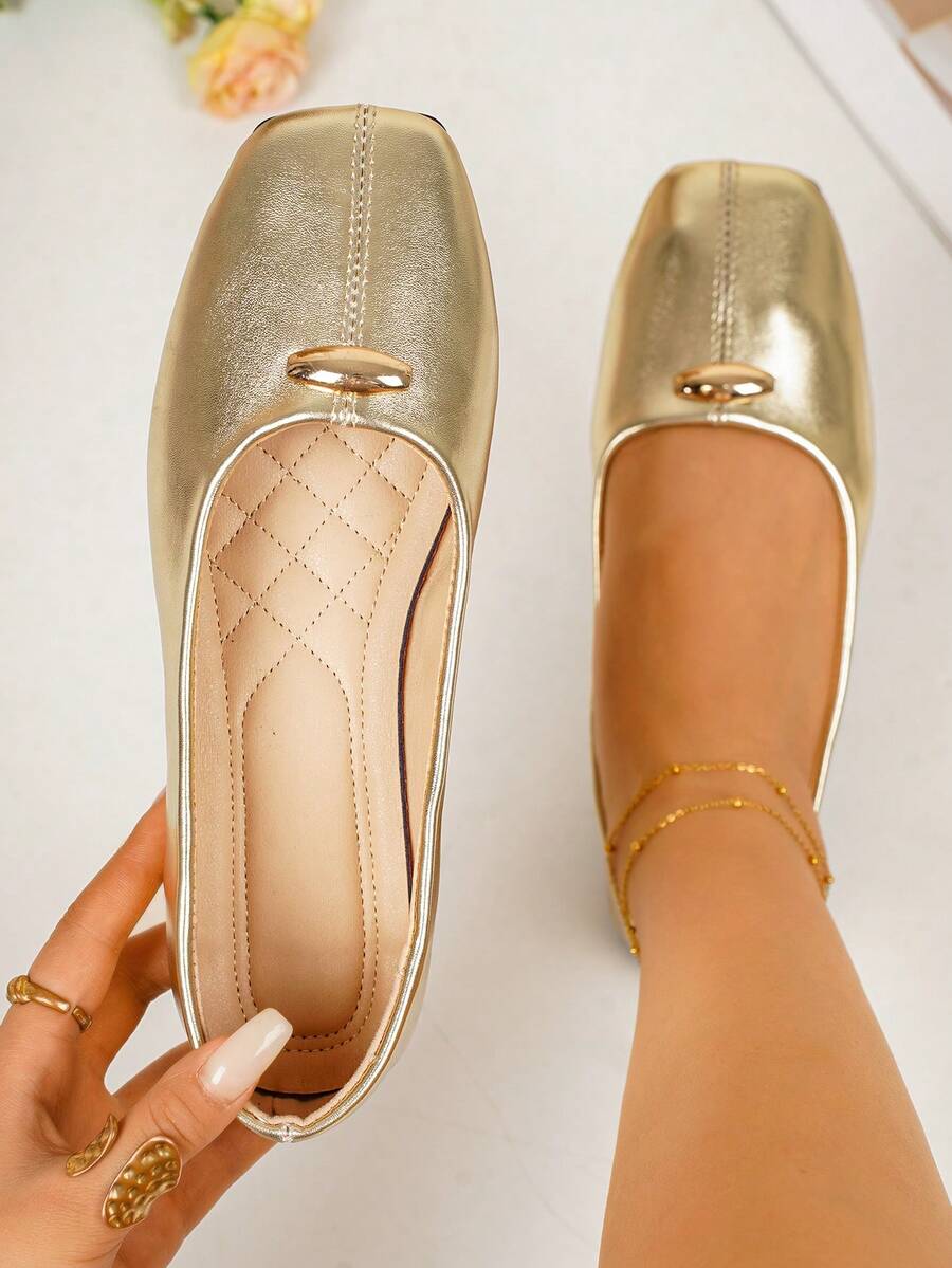 Women's French Vintage Flat Shoes With Single Strap, Fairy Style Granny Shoes, Spring New Shallow Square Toe Gold Pumps - Gold - View 1