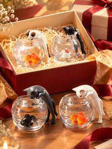Cute Miniature Cat Catching Fish Figurine; Adorable Cat Catching Fish In Front Of An Aquarium - Perfect For Home/Car Dashboard Decoration. One Random Design. Suitable For Living Rooms, Bedrooms, Desks, Offices, And Other Home Decor. - As Shown In the Picture - View 1