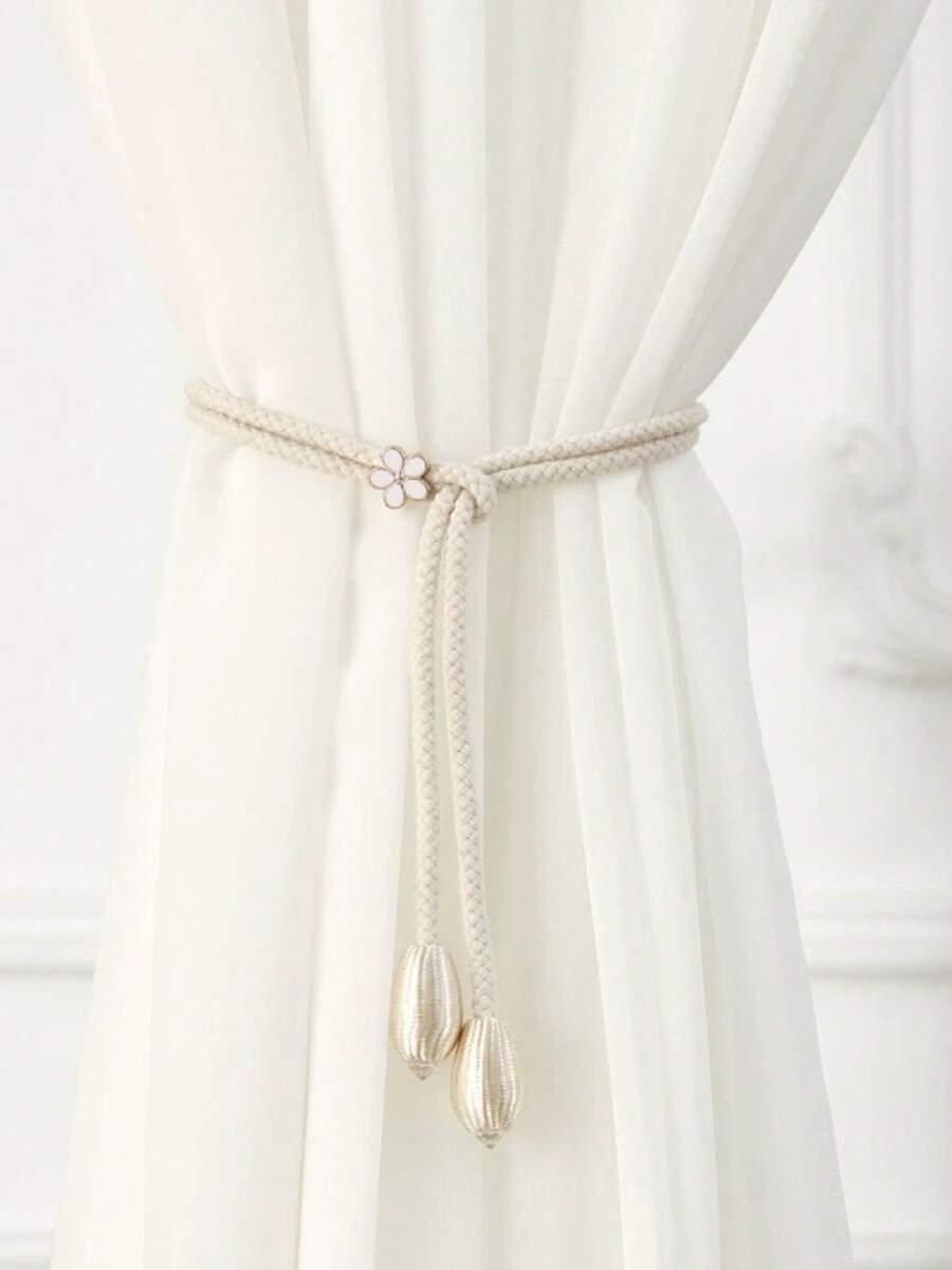 2pcs Elegant Braided Curtain Tieback With Delicate Flower Ornament And Textured Tassel Beads. Soft Rope Design, Easy To Tie And Adjust, Perfect To Decorate Your Living Room, Bedroom Curtains. Available In Multiple Colours To Match Your Home Style. - Multiple Styles - View 1