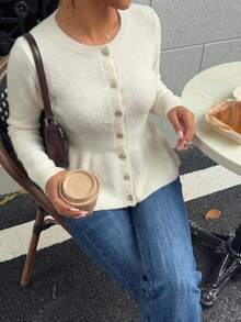 Fashionable Women's Fitted Button-Up Cardigan Sweater, Long Sleeve Ribbed Knit Top With Flared Hem And Round Neck, Suitable For Daily Wear And Autumn/Winter Fashion - Apricot - View 8