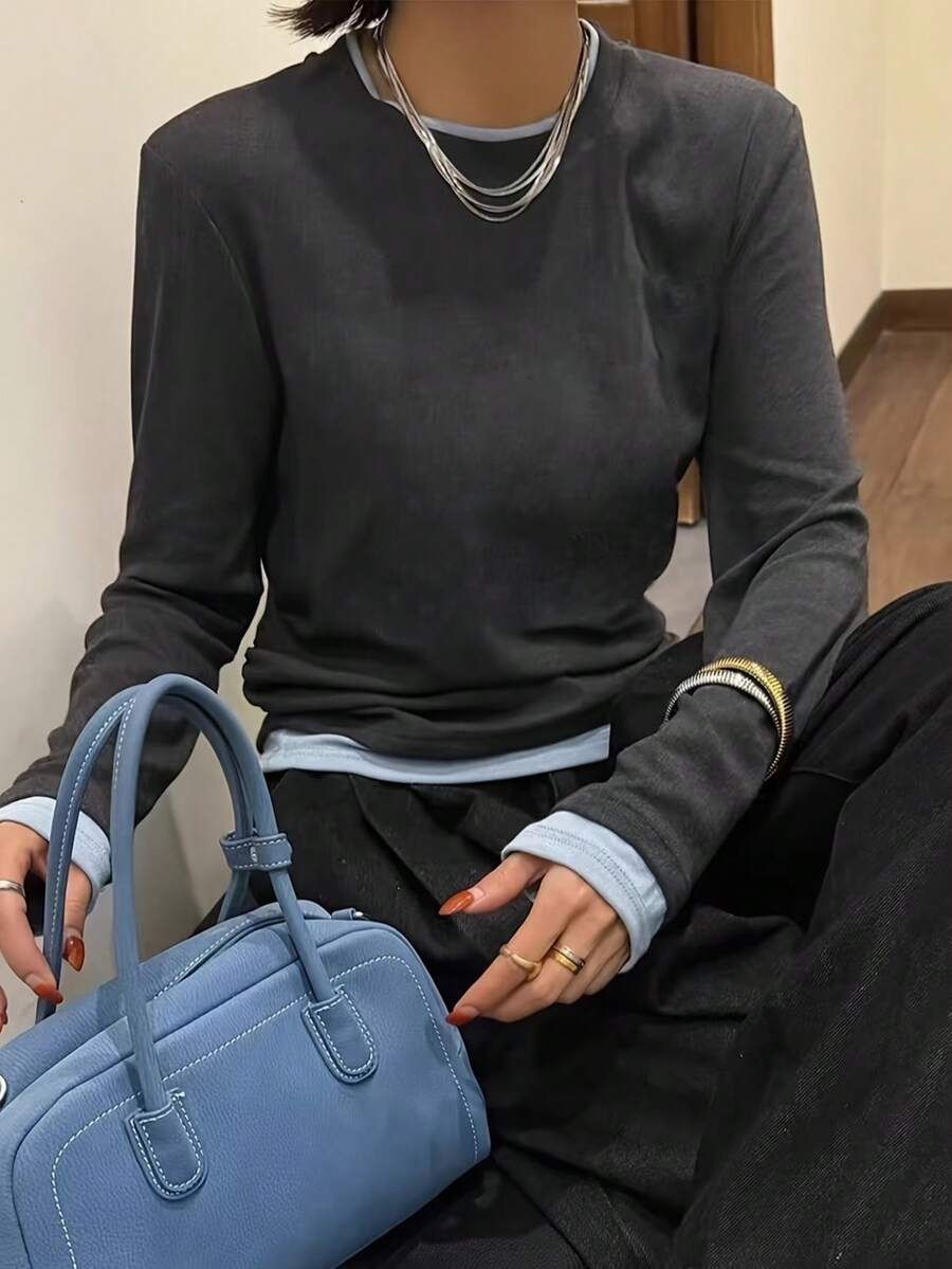 Women's Gray Fashion Layered Style Round Neck Long Sleeve T-Shirt, Asymmetrical Hem Design, Casual Streetwear Essential - Grey - View 1