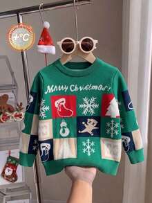 Sweater Rajut Lengan Panjang Leher Bulat Motif Kepingan Salju dan Kotak-kotak Lucu untuk Anak Laki-laki, Cocok untuk Natal, Santai Sehari-hari, Musim Semi, Musim Gugur, Musim Dingin - Hijau - View 4