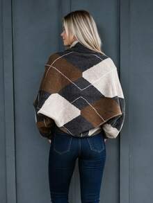 Atasan Sweater Rajut Kasual Motif Kotak-kotak Longgar Musim Gugur/Dingin - Coklat - View 3