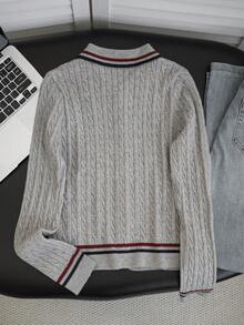 Korean Casual Style Double Zipper Hooded Knit Top, White Striped Placket And Cuffs, High Waist Slim Fit Base Layer - Flower Color - View 6