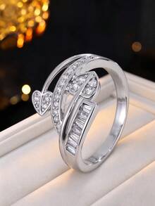 1pc Women's Luxury Style Double Heart Intertwined Ring, Embedded With Sparkling Multi-Faceted Cut Cubic Zirconia, Versatile For Daily Commute, Gift Accessory - Ring - View 10