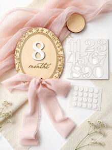Baby Monthly Milestone Marker With Interchangeable Number Announcement Photo Prop, Oval Baby Milestone Sign With Interchangeable Numbers And Pink Ribbon, Wooden 1-12 Months Baby Photo Prop For Monthly Growth Photography - Multicolor - View 3
