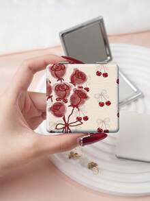 1PC Millennium Y2K Series Portable Vanity Mirror, Foldable Lightweight Ultra-Thin Convenient Hand Mirror, PU Leather, Suitable For Multiple Scenarios And All People, Foldable Small Square Mirror, Pocket Mirror, Cartoon Bow, Ditsy Floral, Rose, Cherry, Heart, Butterfly Printed Pattern Design, Exquisite Handheld 180° Flip Cover Multifunctional Mini Mirror - Multicolor - View 9