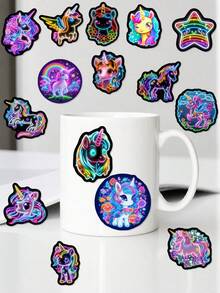 50pcs Neon Rainbow Horse Stickers, Dreamy Unicorn Theme Design, Hand-Drawn Rainbow Unicorn, Starlight Mane, Colorful Tail Feathers, Nebula Pattern, Suitable For Bicycle, Books, Planner, Tumbler, Desk Organizer, Skateboard, File Box Decoration - Multicolor - View 6