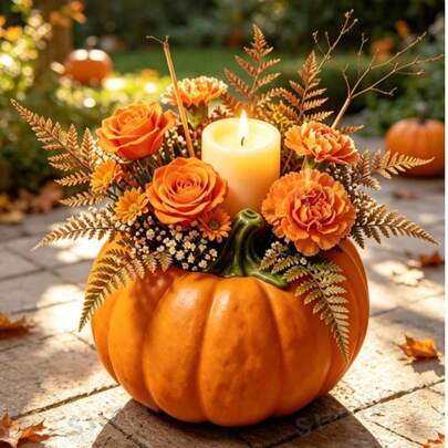 1 pieza Jarrón decorativo de calabaza de otoño con rosas artificiales, margaritas, helechos, arreglo floral y vela; maceta de calabaza de cosecha de otoño, decoración de centro de mesa, estilo rústico de granja, decoración de Acción de Gracias, Halloween para interiores, adecuado para mesa de comedor, repisa de chimenea, estante de entrada, bandeja escalonada; decoración de mesa festiva, regalo único para amantes del otoño, entusiastas de la jardinería, inauguración de casa, regalo de cumpleaños