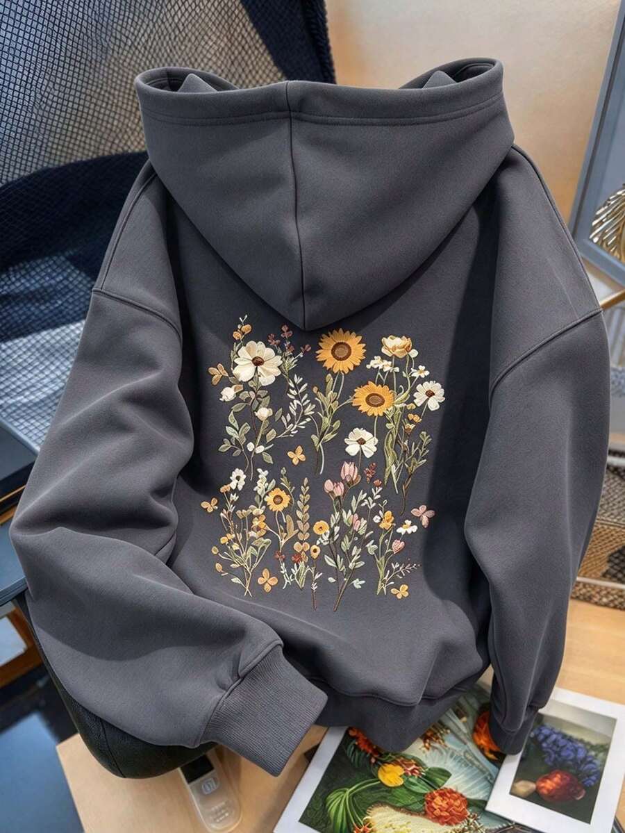 New Women's Autumn And Winter Hooded Sweatshirt Printed With Floral Patterns Soft And Comfortable With Plush Autumn And Winter Top. Casual Fall - Dark Grey - View 1