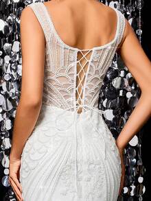 Wedding Dress, Ethereal Sheer Lace Mermaid Wedding Gown, Lace-Up Back, Sparkling Beaded Tulle Ballgown, Suitable For Wedding Guests And Evening Parties - White - View 7
