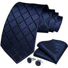 4Pcs Men Formal Suit Accessory Kit, Royal Blue Plaid Tie, Pocket Square, Cufflinks & Tie Clip, Random Cufflink Design - Royal Blue - View 3