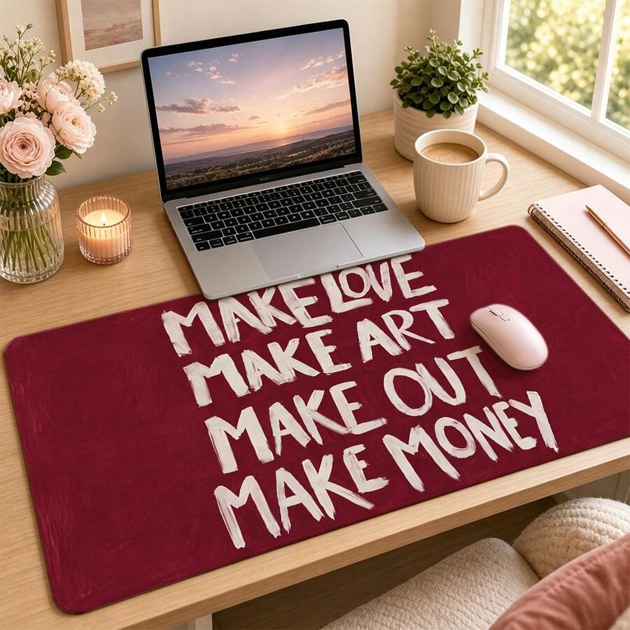 Burgundy Bold Letter Typography Extended Mouse Pad, Hand-Painted Slogan Graphic Large Desk Mat With Non-Slip Stitched Edge, Smooth Cloth & Natural Rubber For Office Gaming Home Desk, 3 Sizes Available - View 1