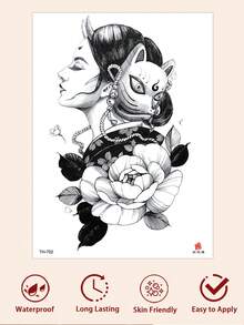 1pc Japanese Mask Portrait Temporary Tattoo Sticker, Peony Floral Print Fashionable Tattoo Sticker, Suitable For Girls' Arms, Legs, Back, Waist, Waterproof And Sweat-Proof, Sexy And Cool Tattoo Sticker, Looks Very Realistic, Easy To Use And Remove, Wedding Music Festival Party Supplies, - Black - View 5