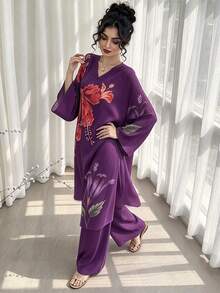 2pcs Women's Set, Purple Placement Print Crafted V-Neck Pullover Top + Elastic Waist Skirt, Elegant Luxury Arabic Style Outfit Fall - Purple - View 1