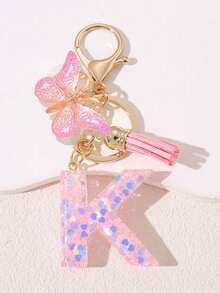 Women's Fashion Initial Keychain With Cute Butterfly Tassel Sequin Resin Letter Key Ring Pendant, Backpack Wallet Handbag Car Key Chain Charm, Valentine's Day Gift For Girlfriend - Pink - View 10
