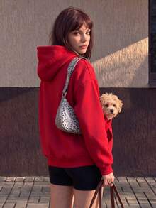 寵物飼主必備，女款休閒抓絨寬鬆連帽衛衣附口袋，適合秋冬，寵物友善設計，秋冬女裝套裝 - 紅色 - 查看 3