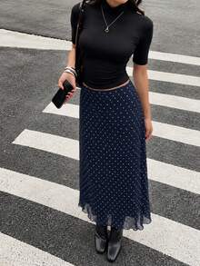 Women's Autumn Vintage Polka Dot Mid-Waist Slim Fit Deep Blue Straight Micro A-Line Midi Skirt, Versatile For Commuting And Vacation - Navy Blue - View 5