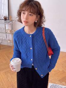 Women's Autumn/Winter Minimalist Casual Home Cable Knit Round Neck Cardigan Jacket - Blue - View 6