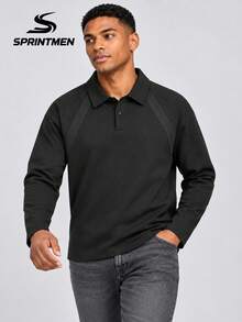 1pc Men's Black Polo Shirt, Turn-Down Collar, Double-Button Half-Placket, Raglan Ribbed Patchwork, Loose Curved Hem, Minimalist Mature Style, Long Sleeve, Suitable For Daily Commute, Street, Casual Outings - Black - View 2