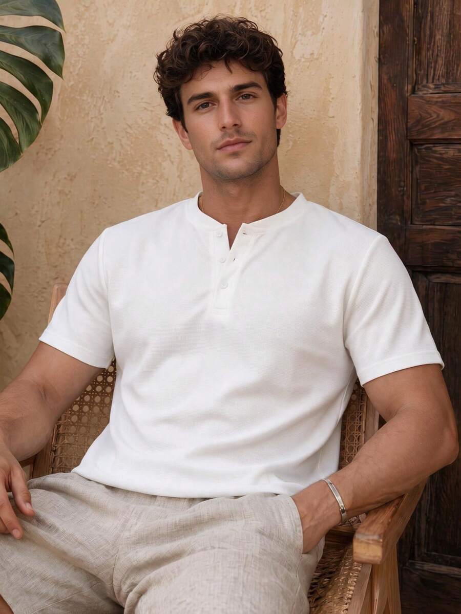 Men's Short Sleeve Henley Collar Polo Shirt, Breathable Knit Fabric, Slim Fit Casual Solid Color Basic Top