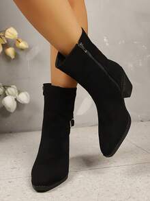 Solid Color Pointed Toe High Heel Buckle Slip-On Women's High Heel Boots Suitable For Shopping, Party, Dating, Home, Commuting, Fashion Casual Women's High Heel Boots - Black - View 5