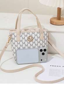 Women's Mini Bucket Tote Bag, Printed Letter Pattern, PU Leather, Metal M Logo, Detachable Double Handles, Casual Elegant Style, Suitable For Women's Daily Shopping - White - View 4