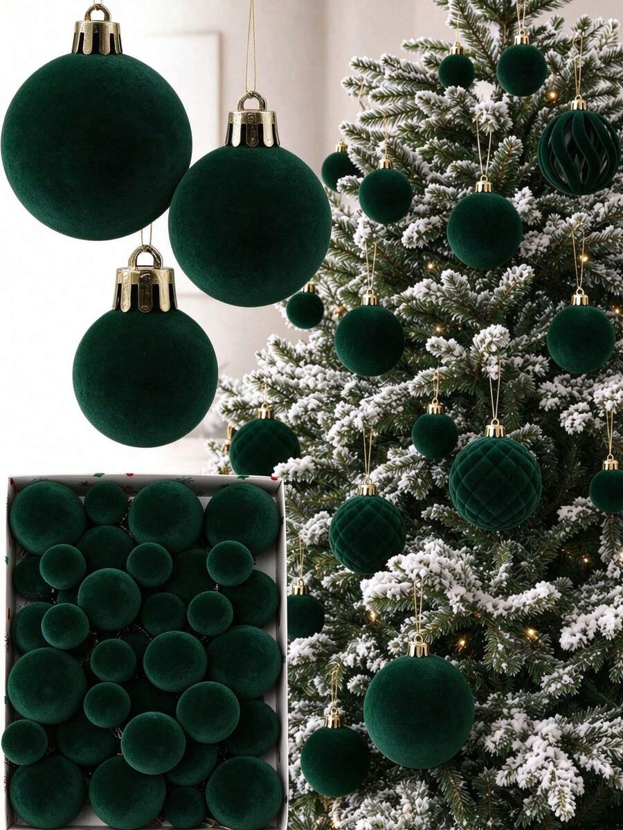 15pcs-Wine Red Christmas Flocked Ball Set, European Style Ins Irregular Flocked Christmas Ball Set, Christmas Party Decoration - C - View 1