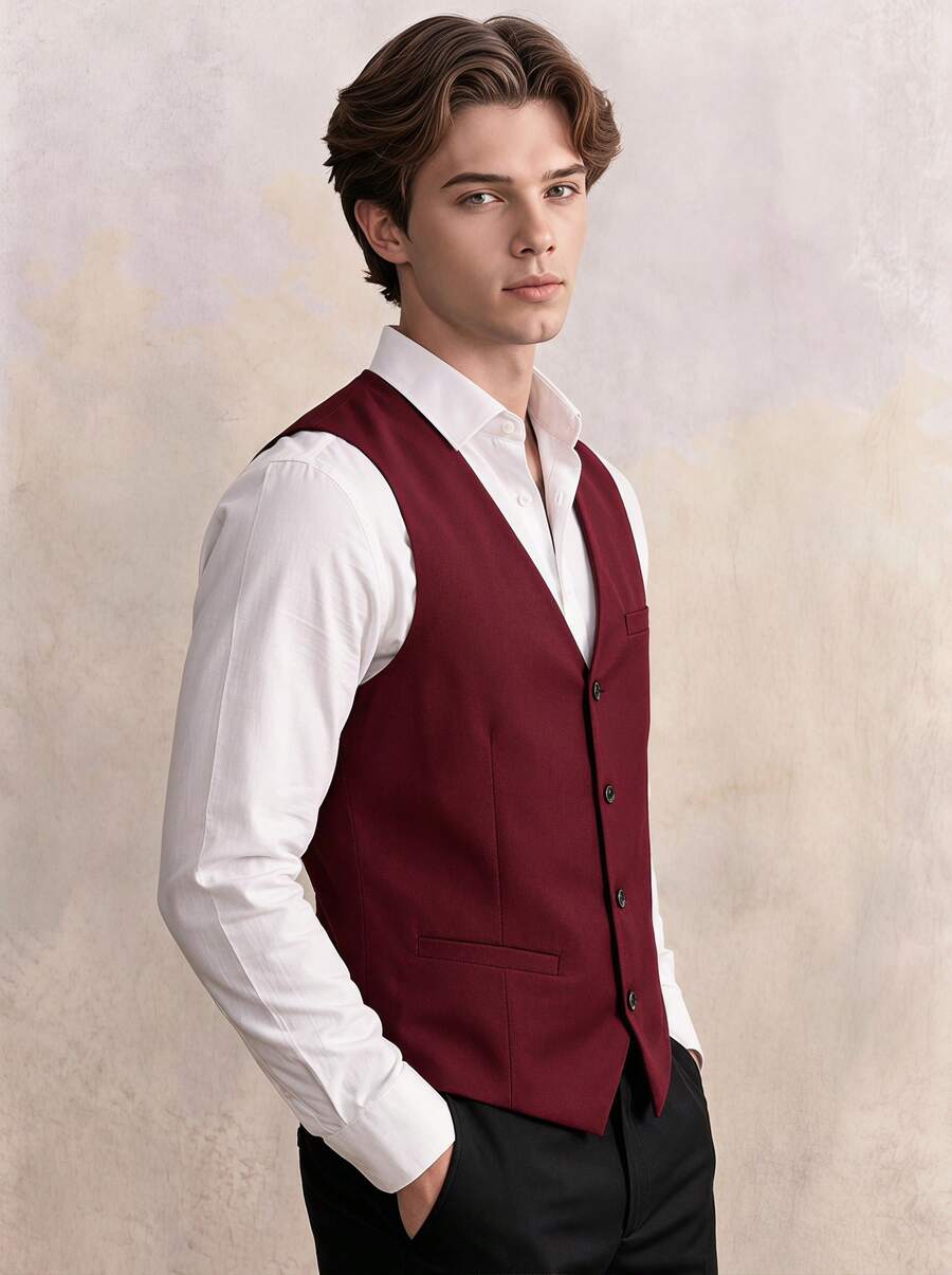 Men's Business Slim Fit Suit Vest, Suitable For Weddings, Parties, Business Events - Burgundy - View 1