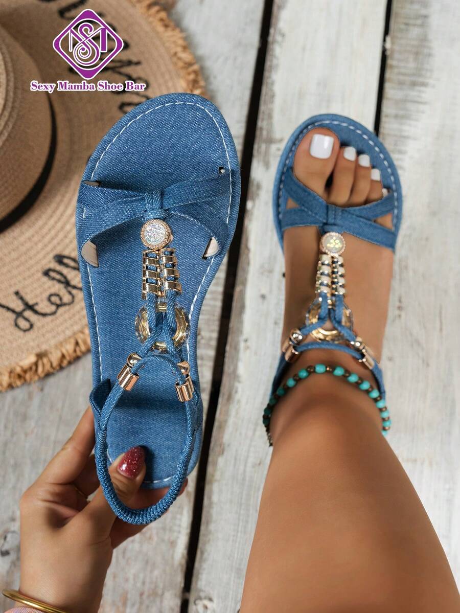 Women's Wide Fit Flat Sandals With Fashion Metal Decor, Vintage Comfortable Evening & Outdoor Flat Sandals - Blue - View 1